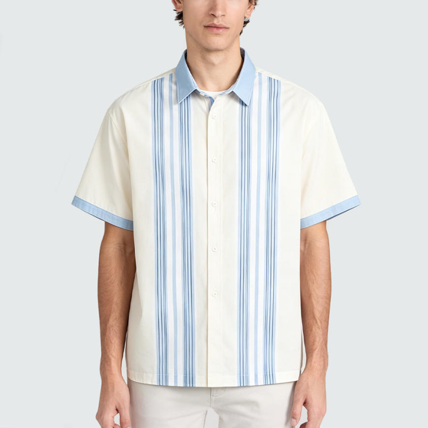 Men's Retro Striped Color-Block Short-Sleeve Shirt