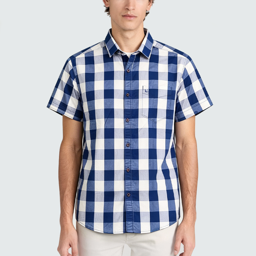 Simple Blue and White Plaid Short-Sleeve Shirt