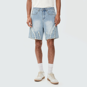 Blue Mid-Rise Straight-Leg Denim Shorts