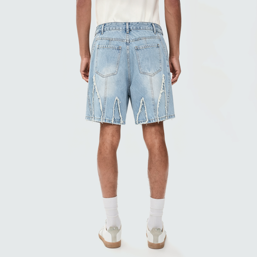 Blue Mid-Rise Straight-Leg Denim Shorts
