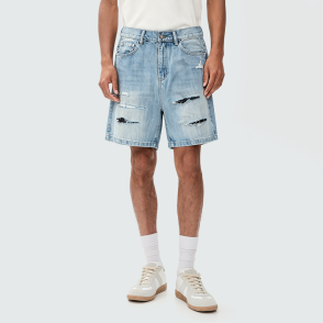 Men's Heavy-Distressed Acid-Wash Ripped Denim Shorts
