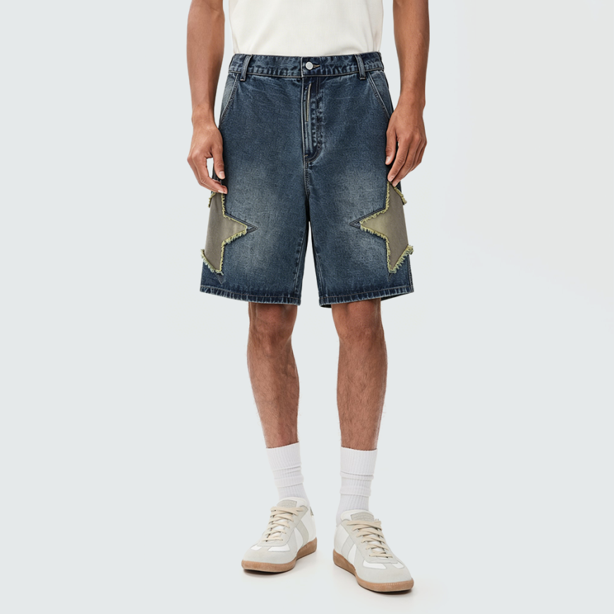 Men's Trendy Denim Shorts with Star Patches