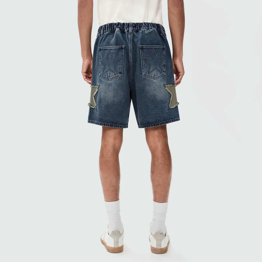 Men's Trendy Denim Shorts with Star Patches