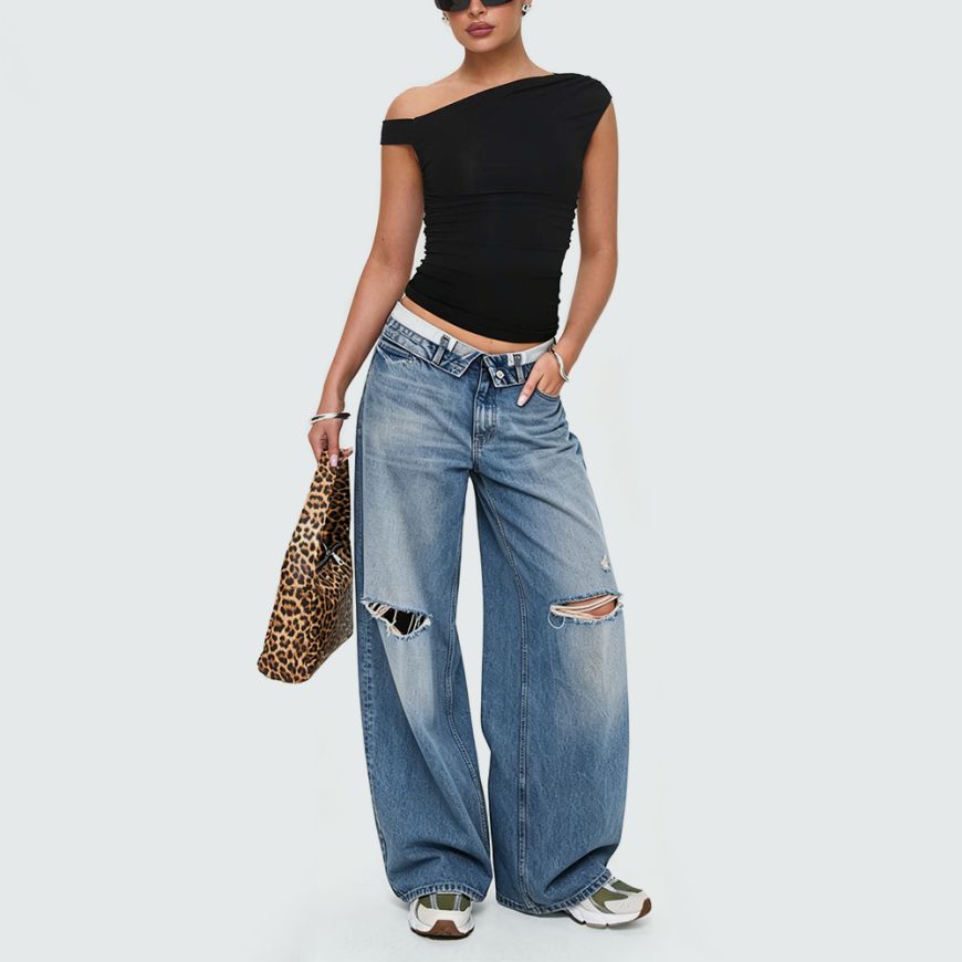 Color-block Cuffed Distressed Denim Jeans
