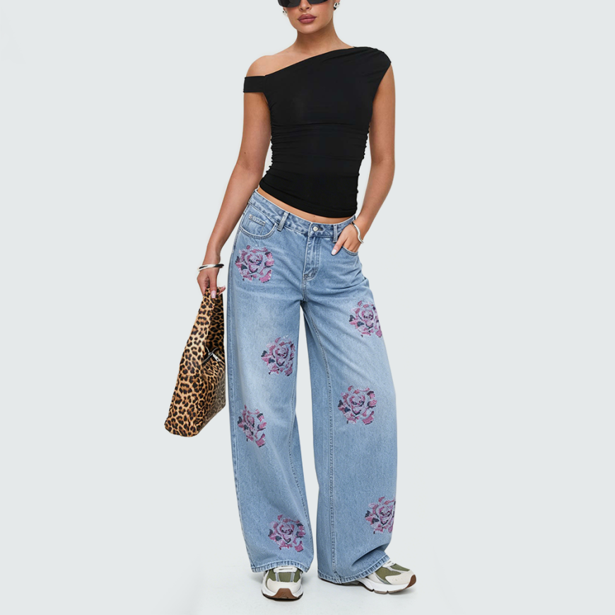 Mid-Rise Straight-Leg Trousers with Rhinestones
