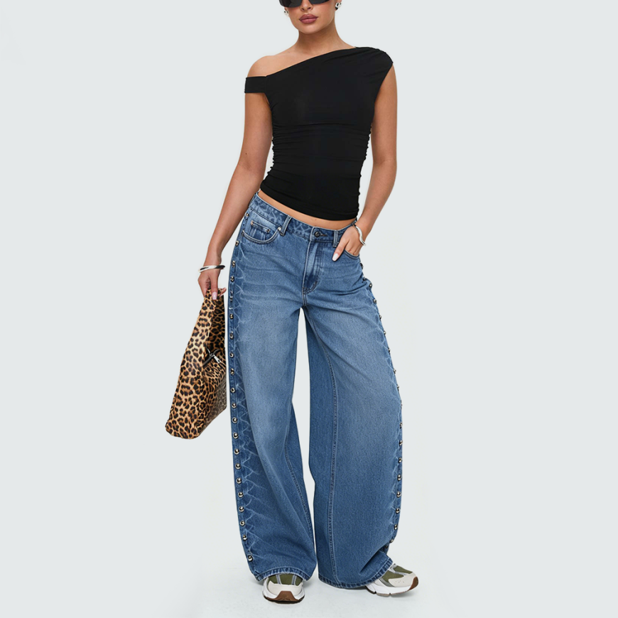 High-Waisted Solid-Color Studded Jeans