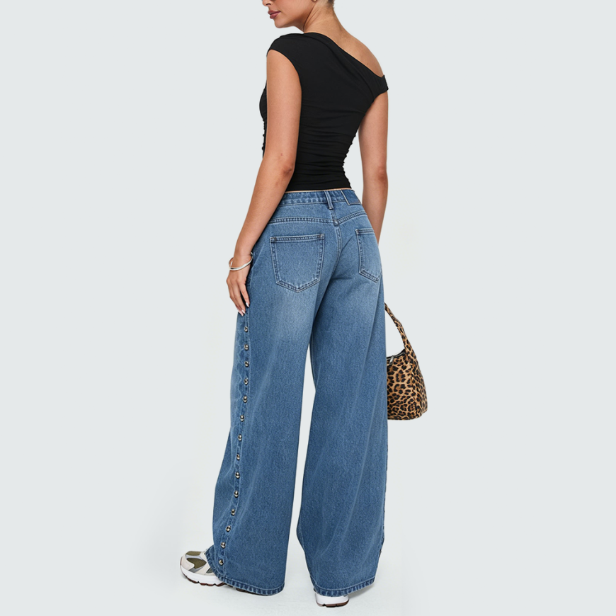 High-Waisted Solid-Color Studded Jeans