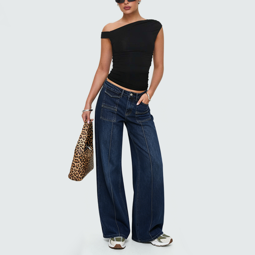 High-Waisted Flared Pleated Denim Trousers
