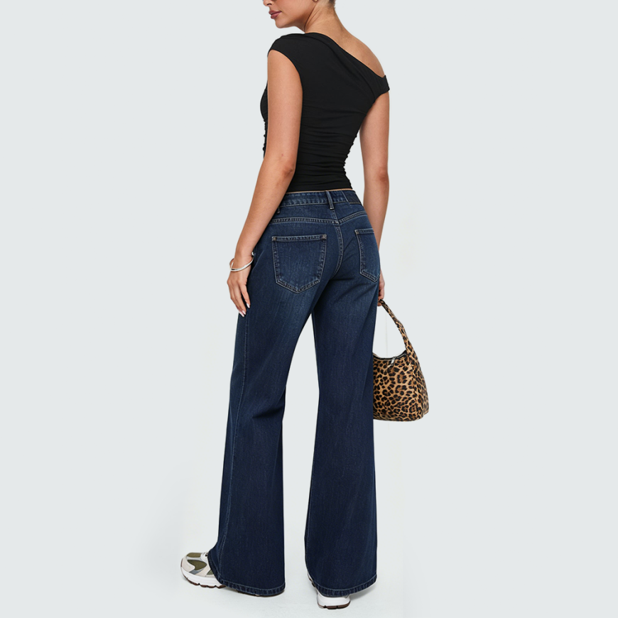 High-Waisted Flared Pleated Denim Trousers