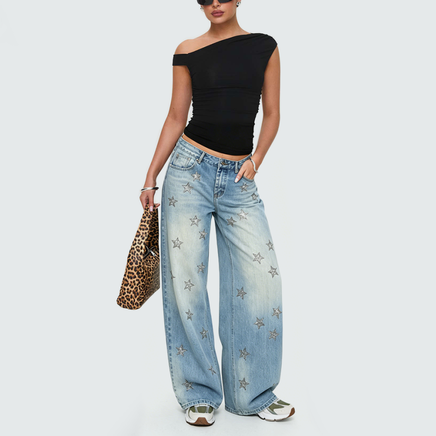 Low-Rise Denim-Style Trousers with Star Rhinestones