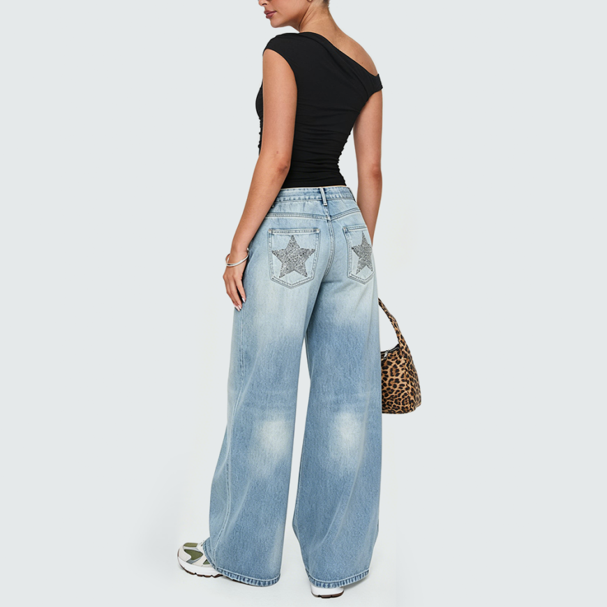 Low-Rise Denim-Style Trousers with Star Rhinestones