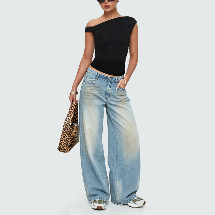Mid-Rise Distressed Straight-Leg Jeans with Cuffed Hem