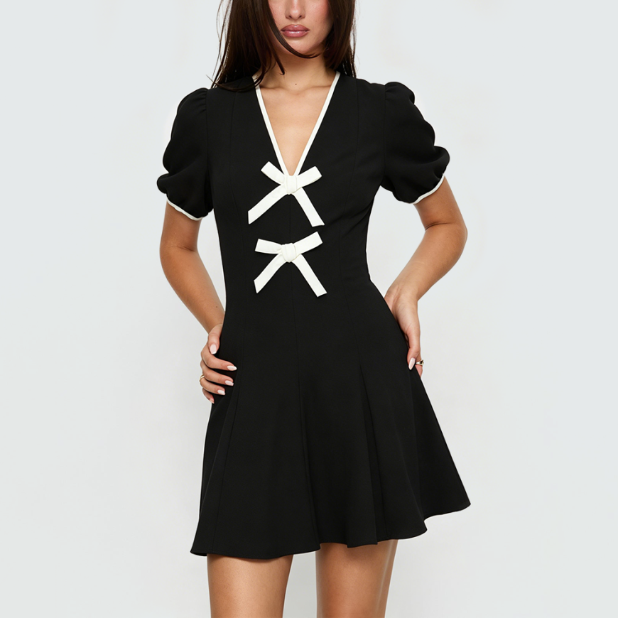 Color-block Short-Sleeve Dress with Bow Accent