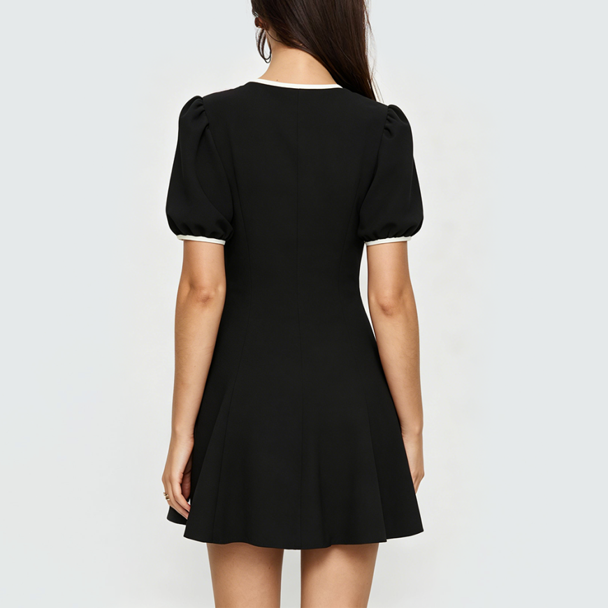 Color-block Short-Sleeve Dress with Bow Accent