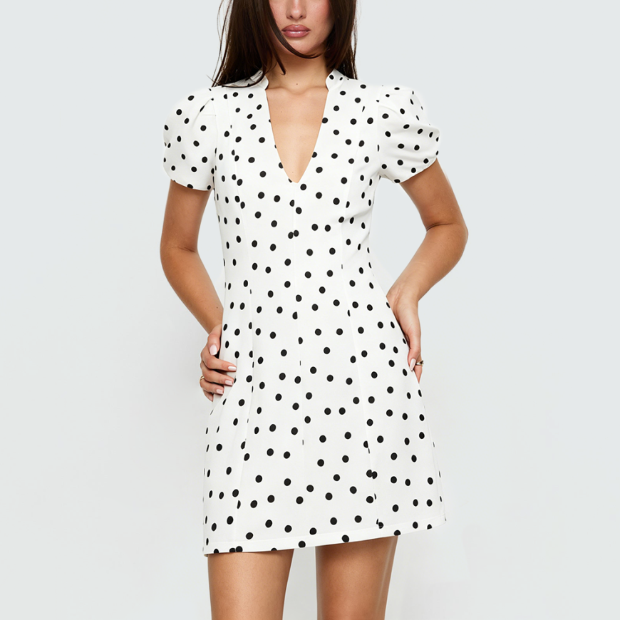 Polka-Dot Slim-Fit Mini Dress with Puff Sleeves