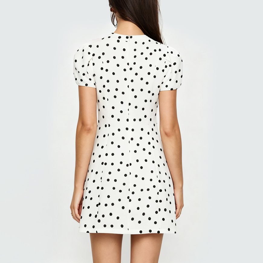 Polka-Dot Slim-Fit Mini Dress with Puff Sleeves