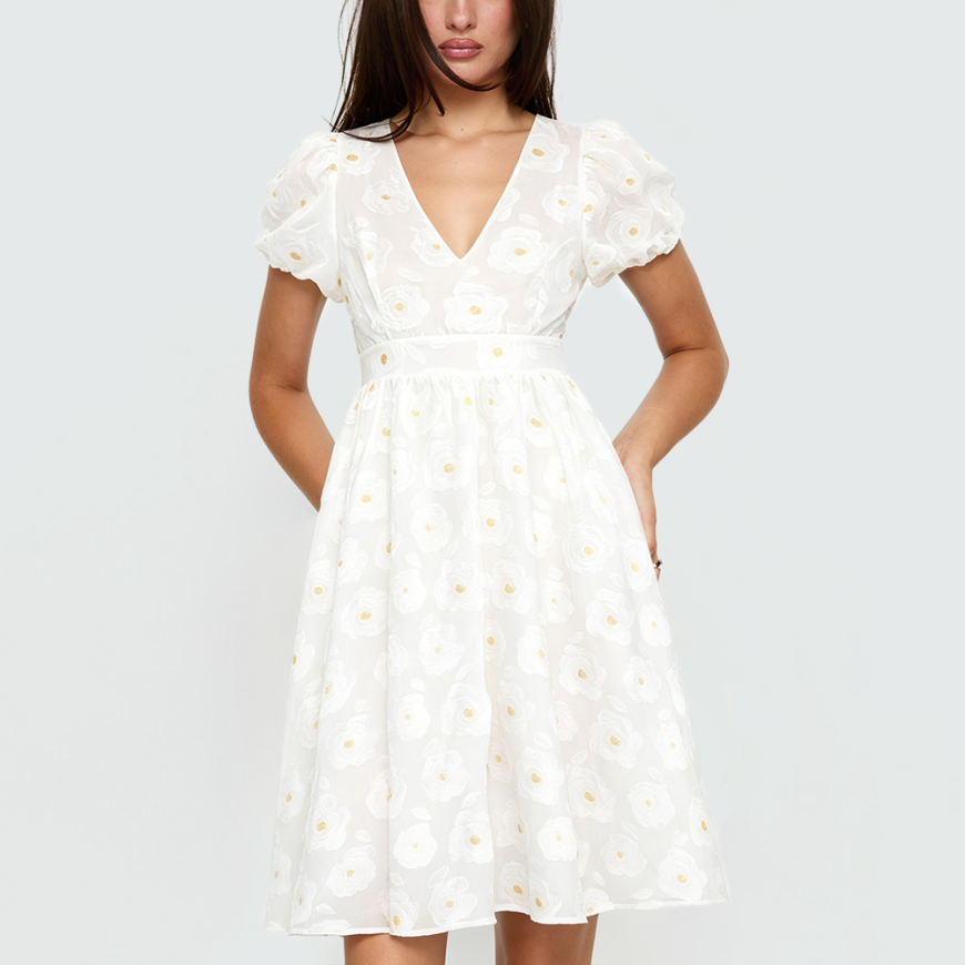 White Embroidered Dress with Zipper Placket