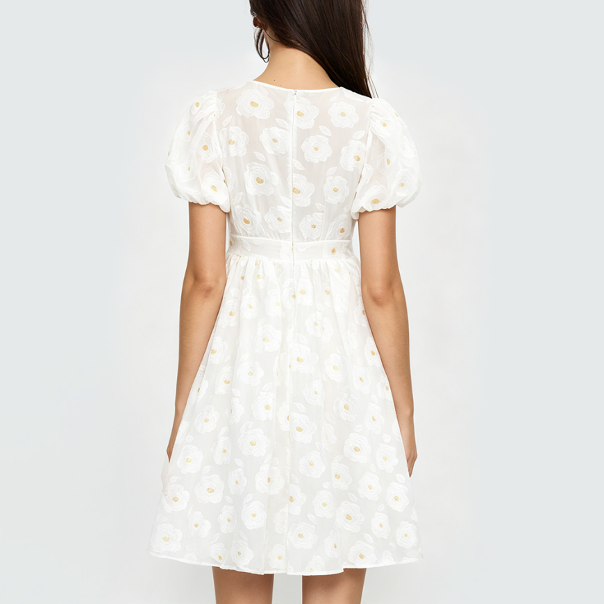White Embroidered Dress with Zipper Placket