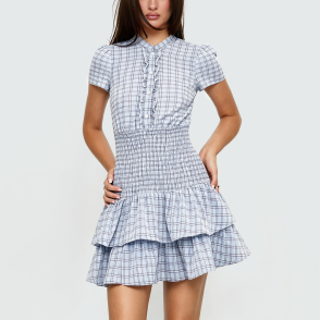 Blue plaid waist-cinching dress
