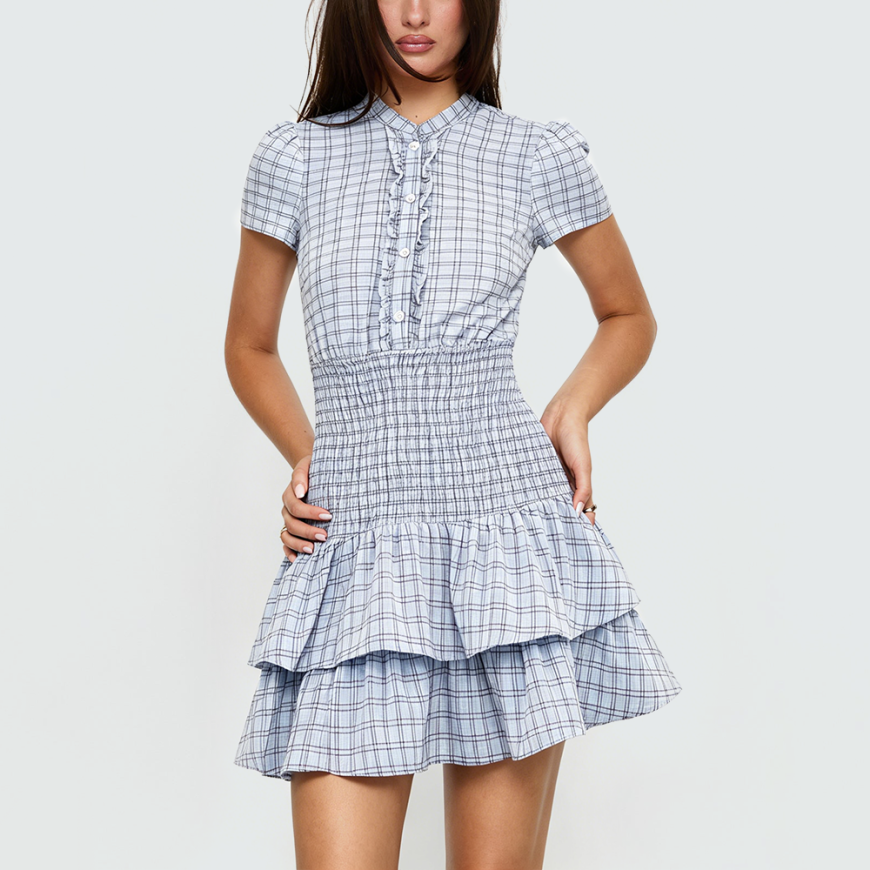 Blue plaid waist-cinching dress