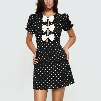 Black and White Polka Dot Round-Neck Short-Sleeve Dress