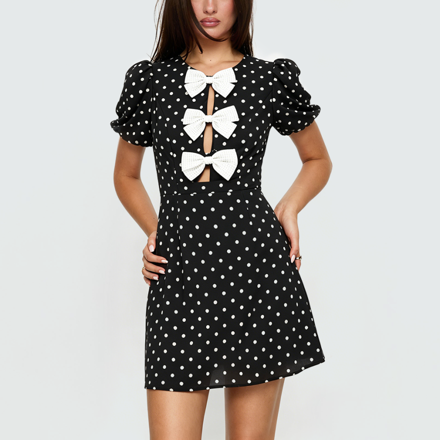Black and White Polka Dot Round-Neck Short-Sleeve Dress