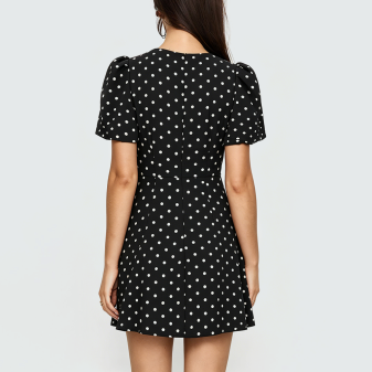 Black and White Polka Dot Round-Neck Short-Sleeve Dress