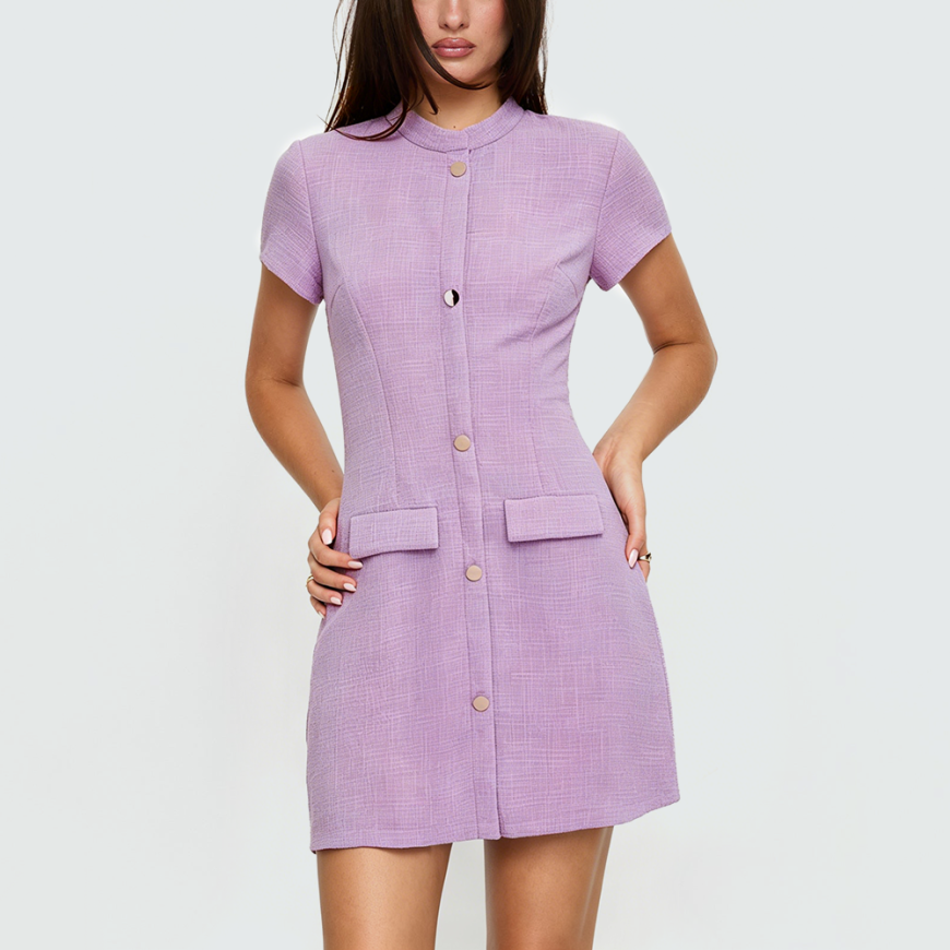 Purple Round-Neck Short-Sleeve Button-Down Dress
