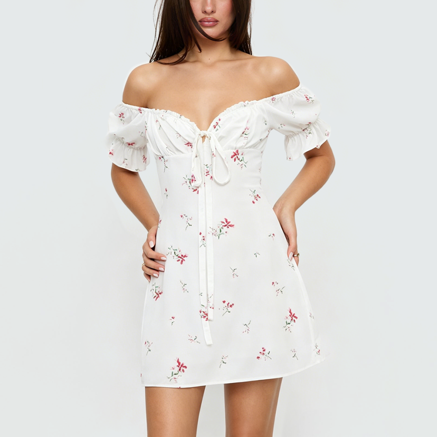 Floral-Print Dress with Puffy Sleeves