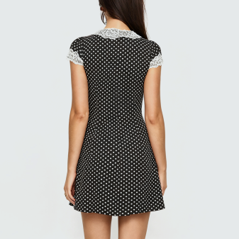 Black V-Neck Polka Dot Dress with Lace Trim