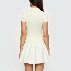Beige Short-Sleeve Collared Dress with Front Tie