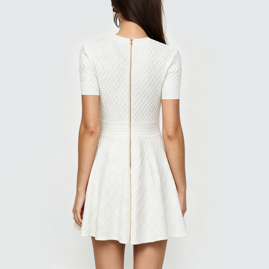 Solid-Color Diamond-Quilted Crew-Neck Short-Sleeve Dress