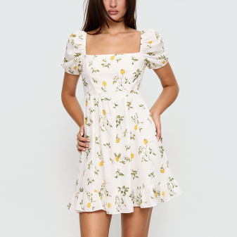 Beige Square-Neck Floral Print Dress