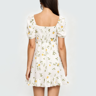 Beige Square-Neck Floral Print Dress