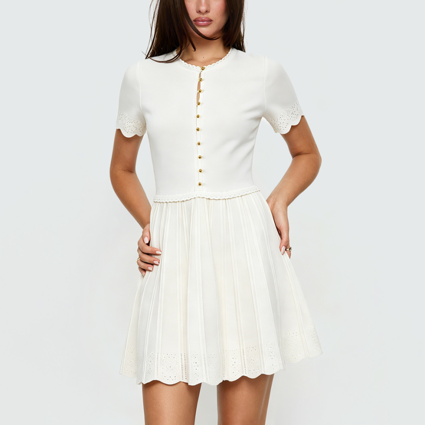 White Round-Neck Short-Sleeve Knitted Dress