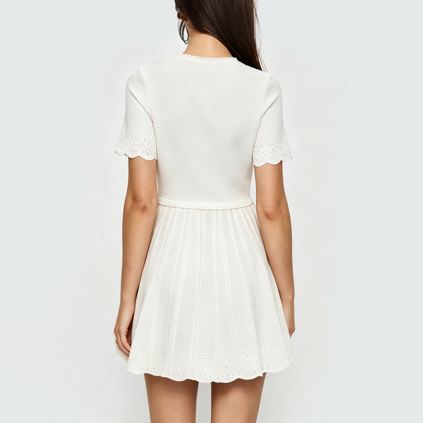 White Round-Neck Short-Sleeve Knitted Dress