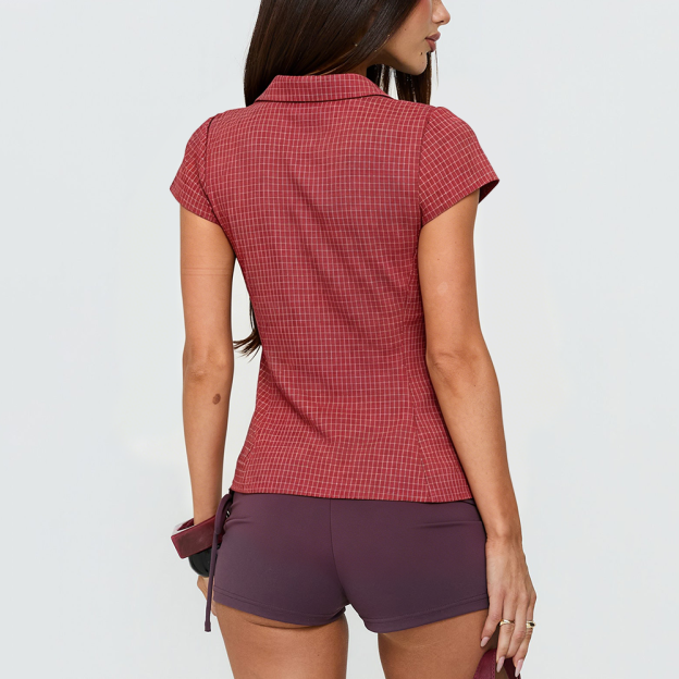 Preppy-Style Collared Plaid Short-Sleeve Shirt