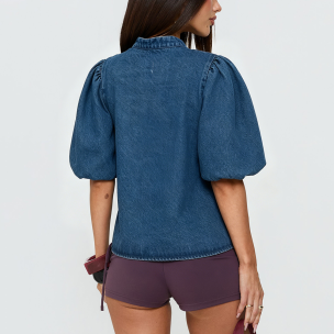 Retro Stand-Collar Short-Sleeve Denim Shirt
