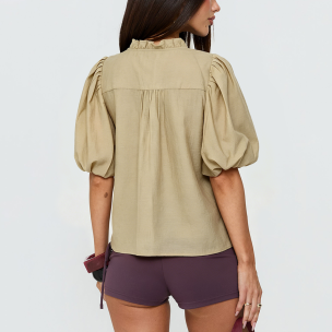 Vintage-Style Ruffled Cotton Shirt with Balloon Sleeves