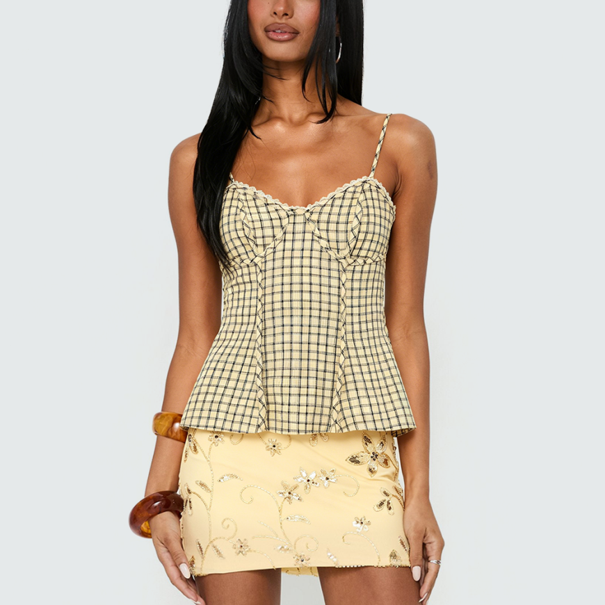 Sexy V-Neck Slim-Fit Plaid Spaghetti Strap Tank Top