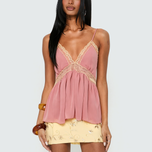 Retro V-Neck Printed Lace Cami Top